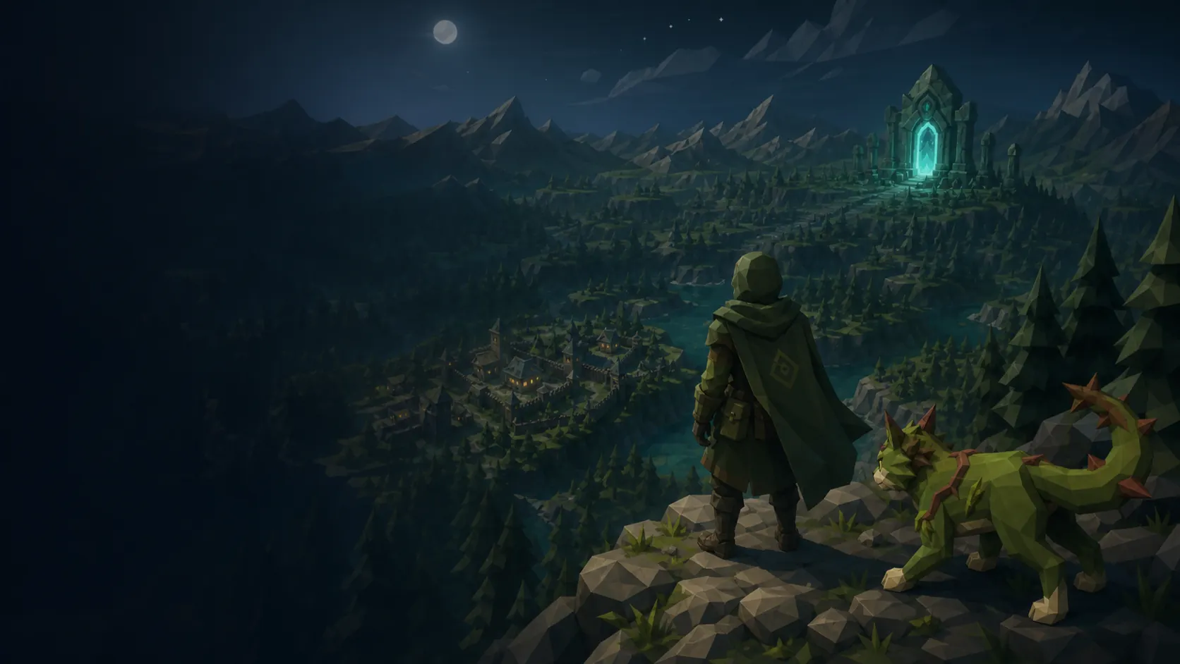 A Warden and Bramblekit overlook the forests, settlement, and ancient portal of Meivandore.